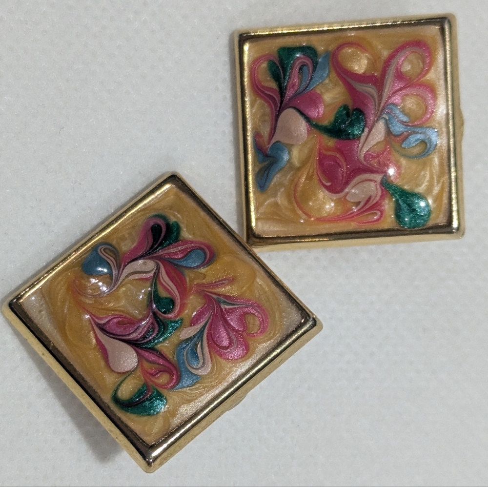 Vintage 1980's Shiny Goldtone Swirl Enamel Earrings